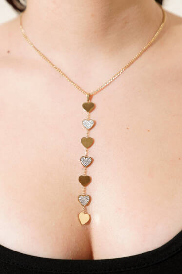 Zirkon Taşlı Sallantılı Kalp Zincir Kolye Gold - Kolye