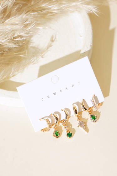 Zümrüt Renkli Karışık Küpe Set Gold - Küpe