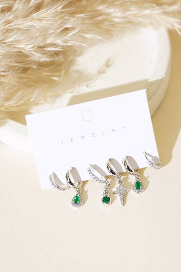 Zümrüt Renkli Karışık Küpe Set Gümüş - Küpe