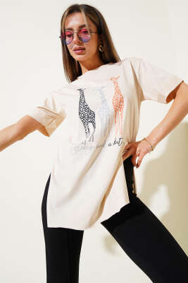 Zürafa Baskılı T-shirt Bej 